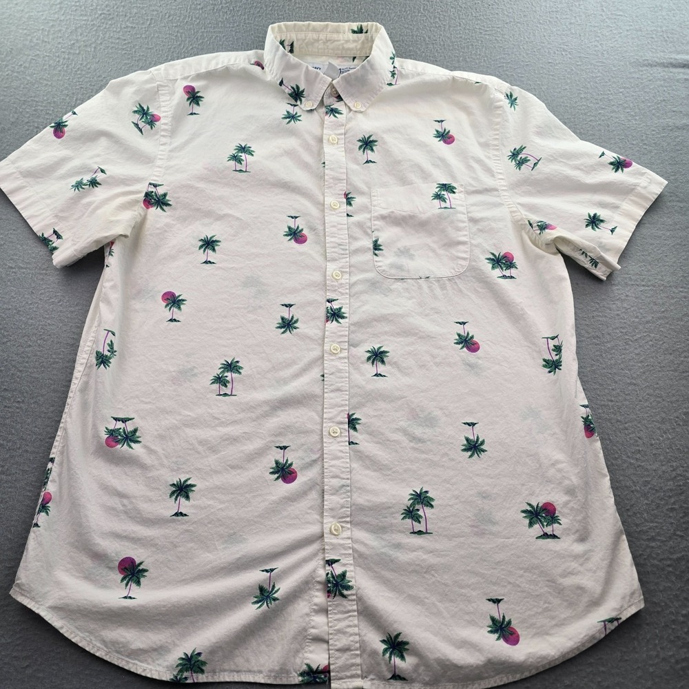 Old Navy Built in Flex Shirt Mens Tall L White Palm Trees Pink Sunset Slim Fit